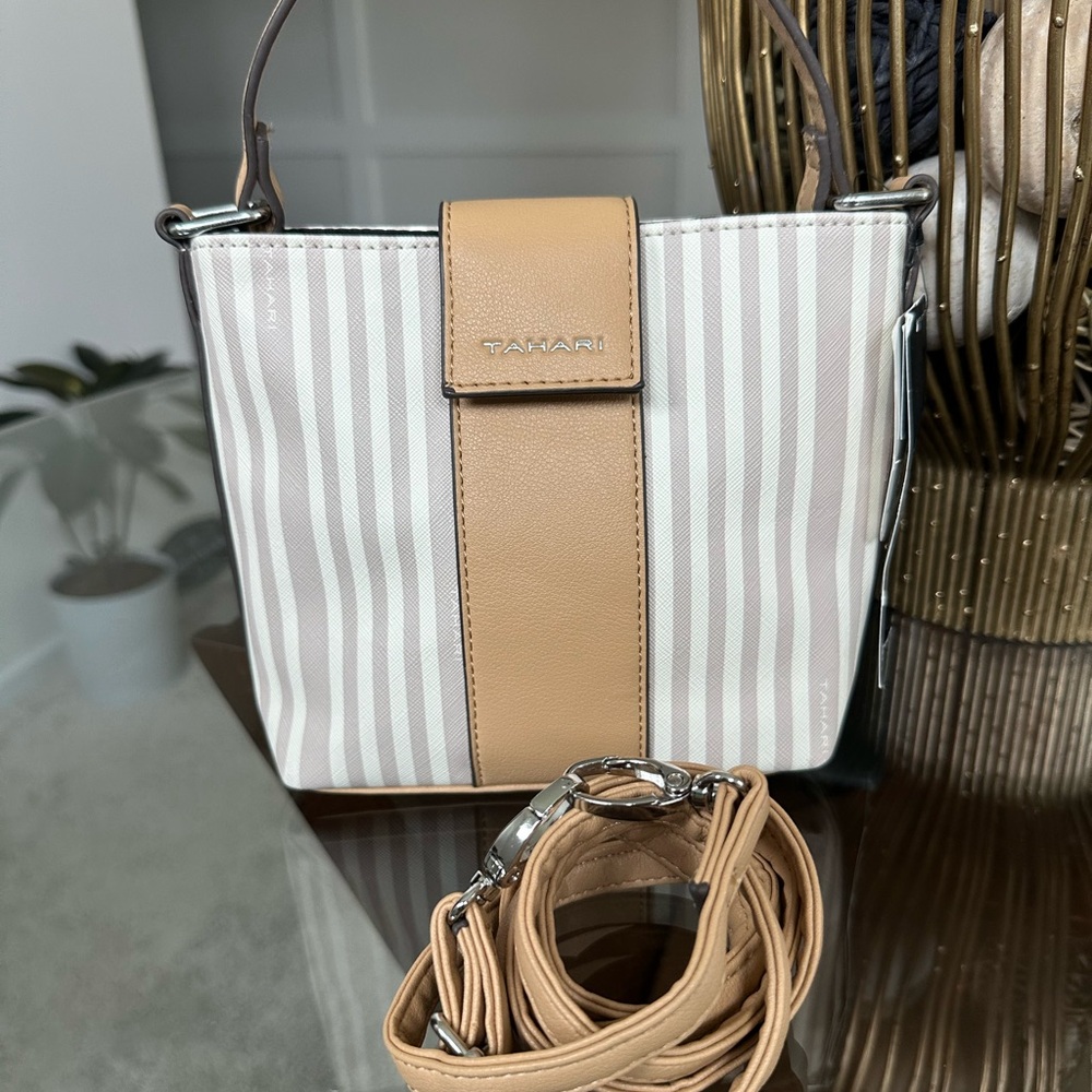 Tahari Beige and White Striped Crossbody Bag